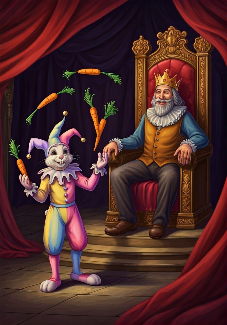 Harlequin Rabbit Jester Entertains King in Pastel Colors