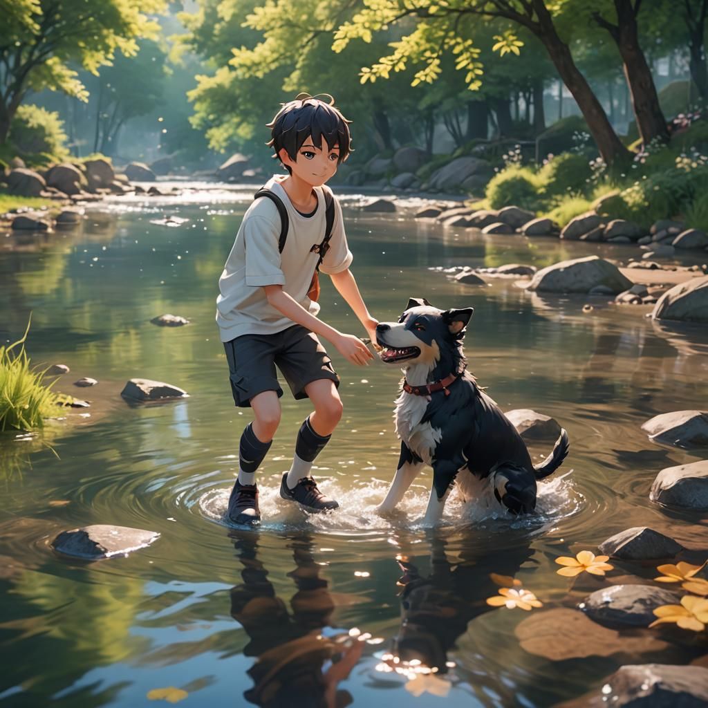 Boy Playing with Dog in River: 3D Anime Art