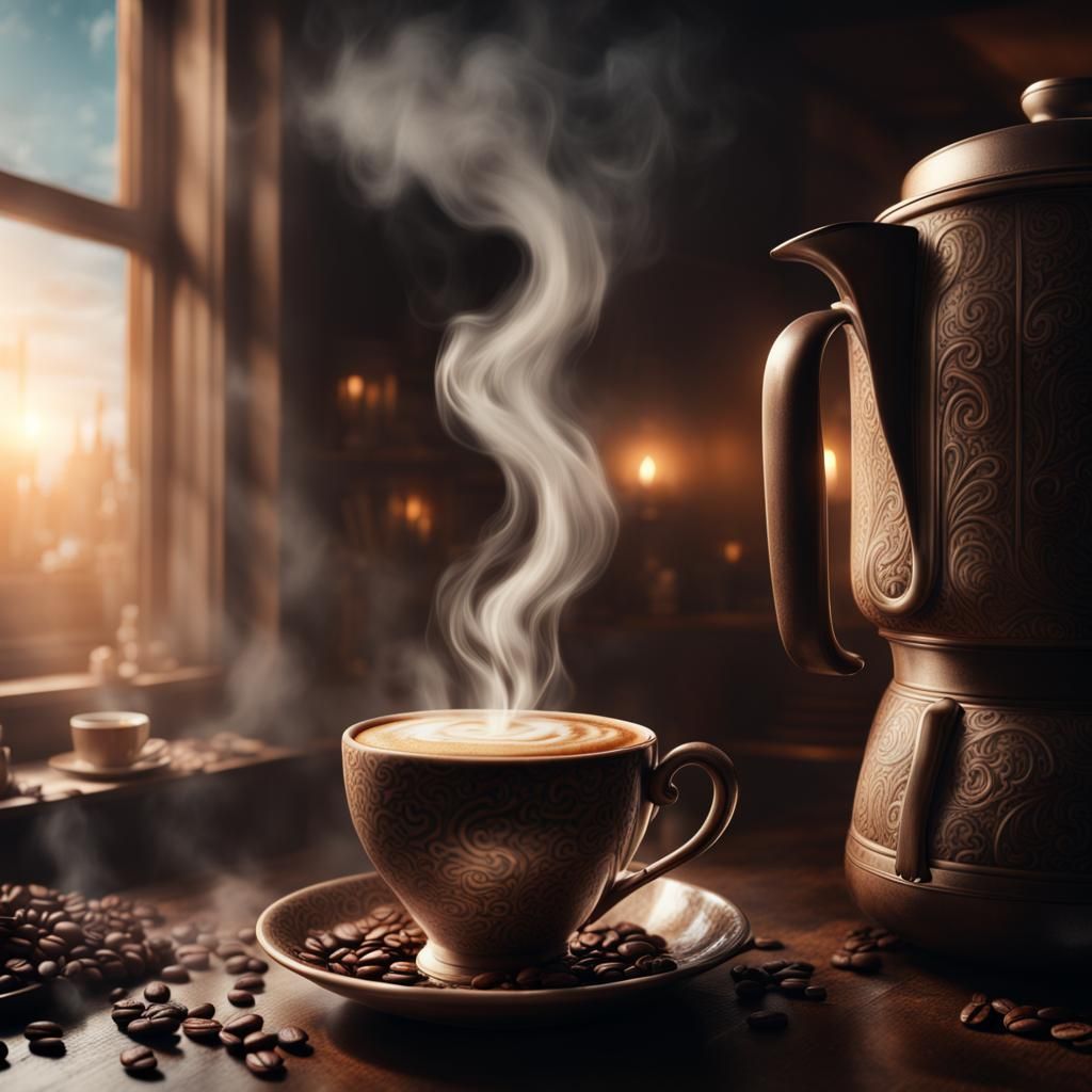Steaming Coffee Cup: Epic Digital Matte Painting