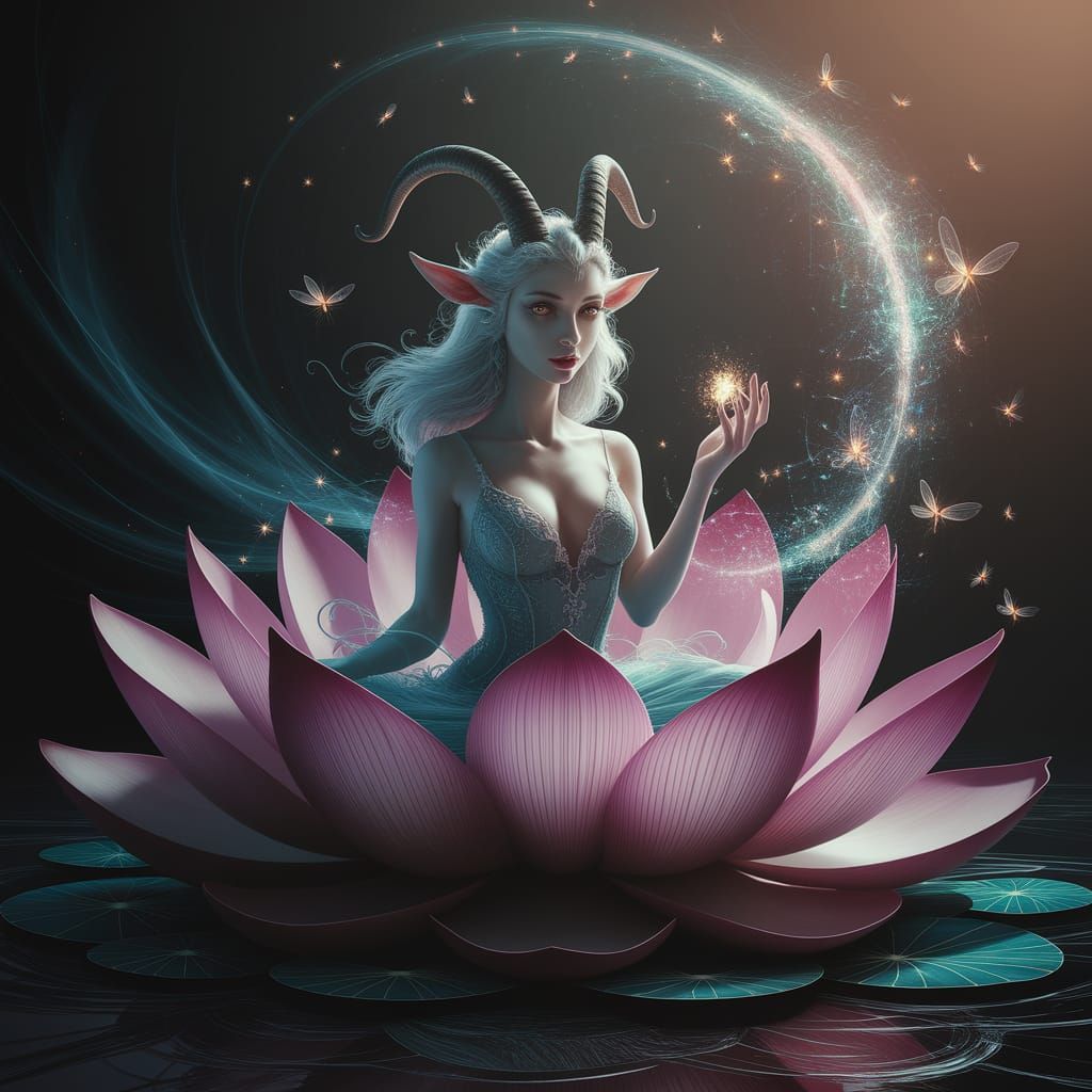 Ethereal Satyr Lotus Goddess in Whimsical Dark Fantasy Scene
