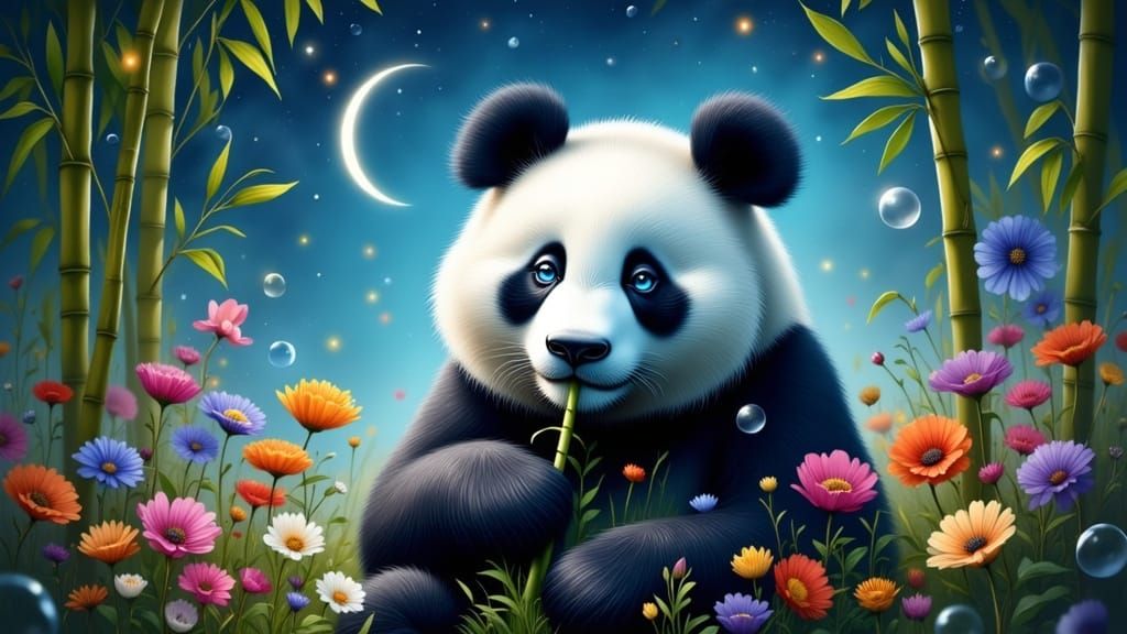Blue-Eyed Panda in Enchanted Meadow as Watercolor