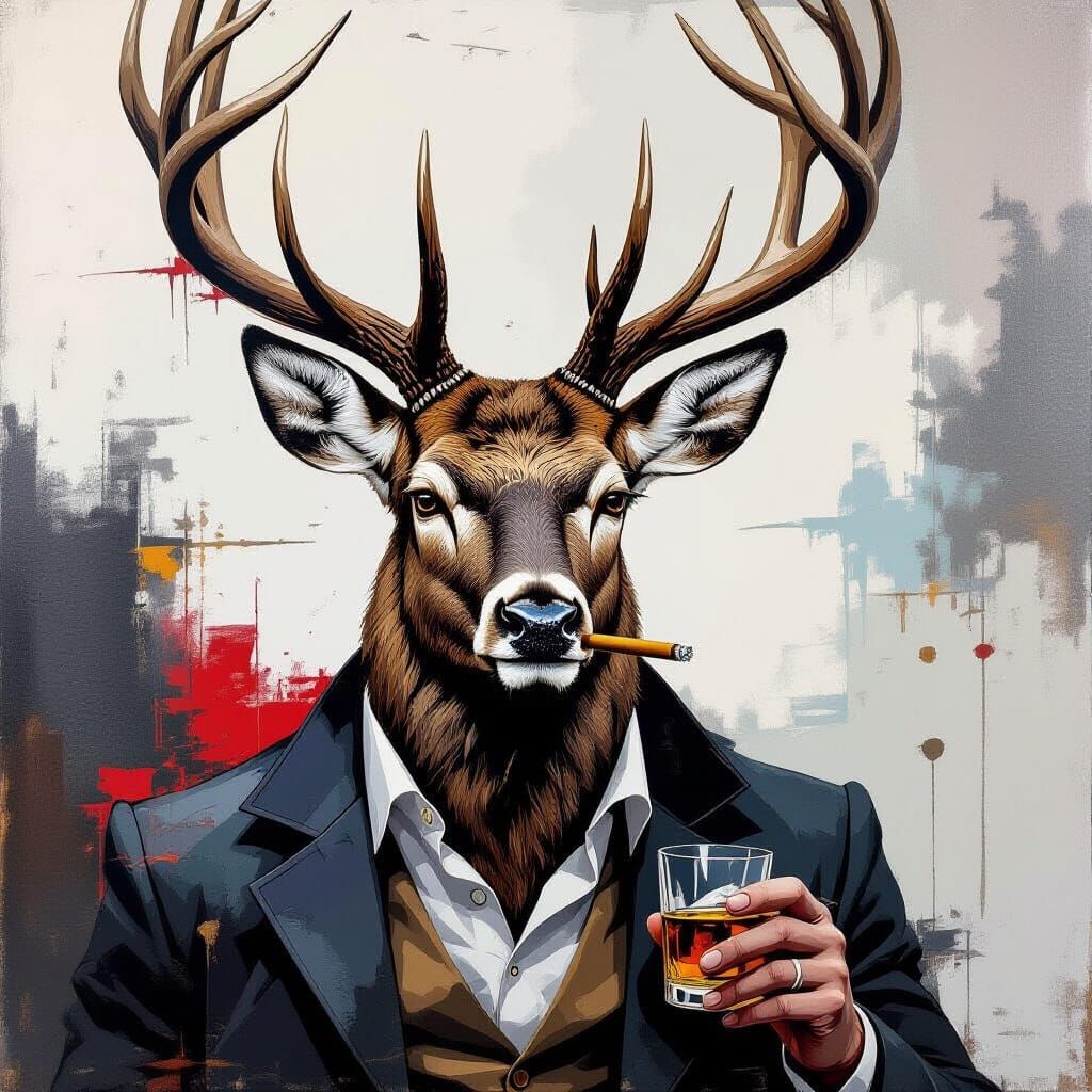 Deer Head with Red Eyes and Human Torso in Abstract Art