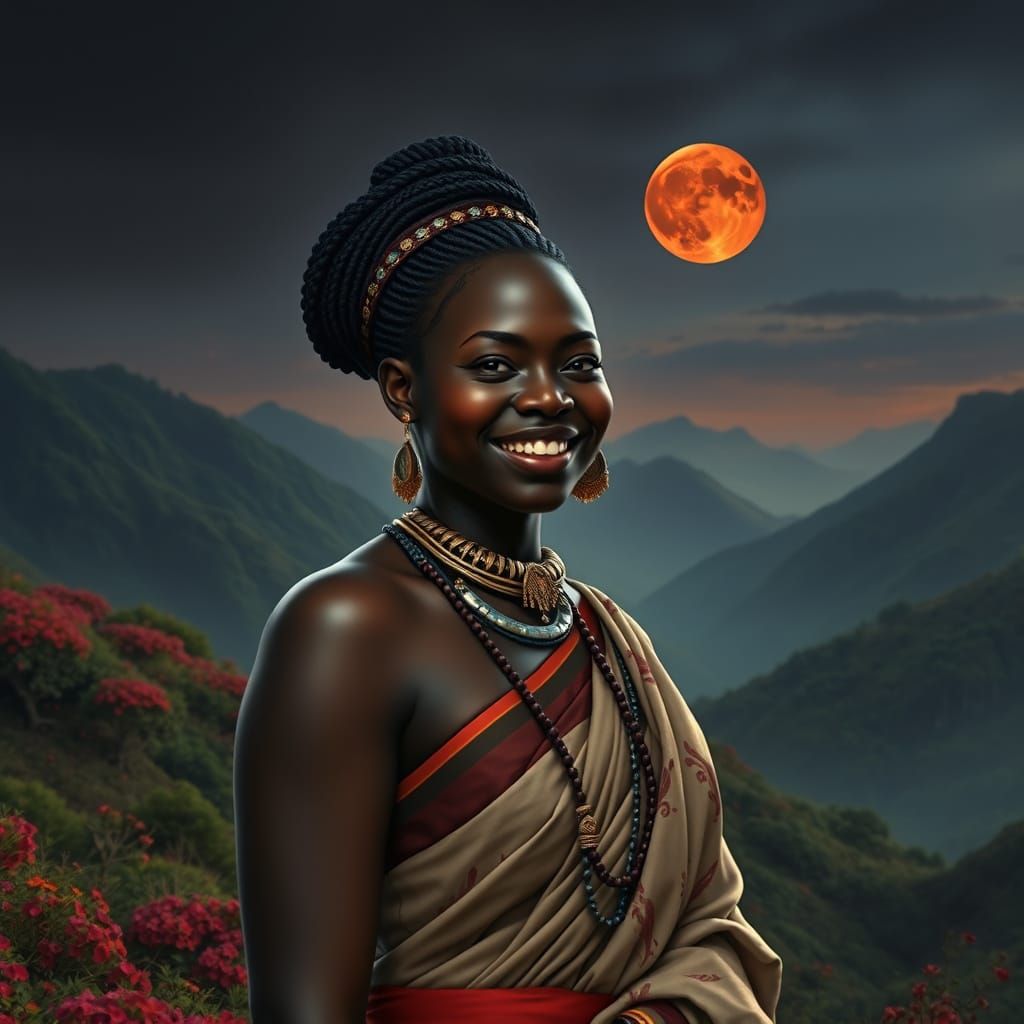 Elegant Black Goddess Nana Buluku Under Red Moonlit Mountain...