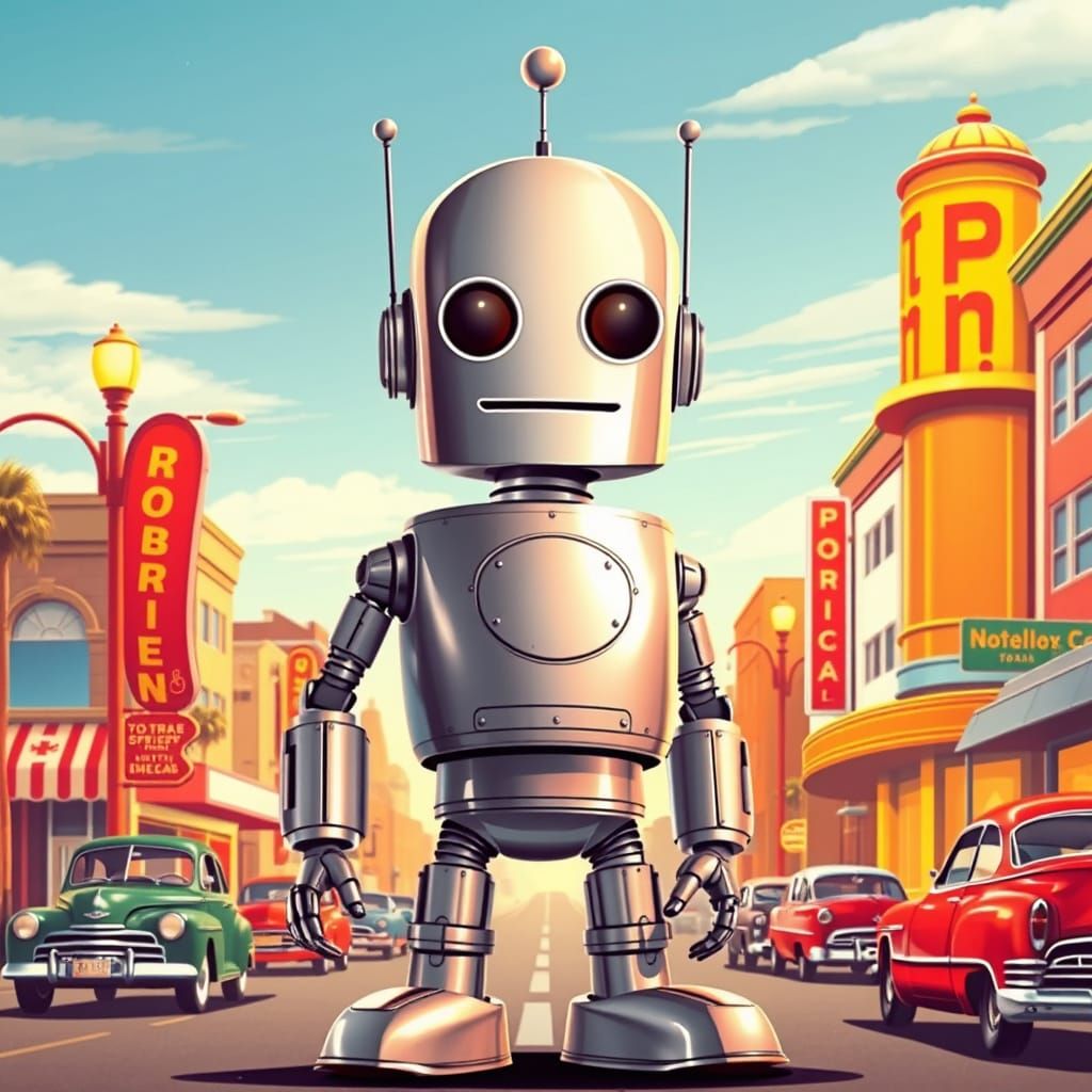 Retro-Futuristic Robot on Vintage Postcard