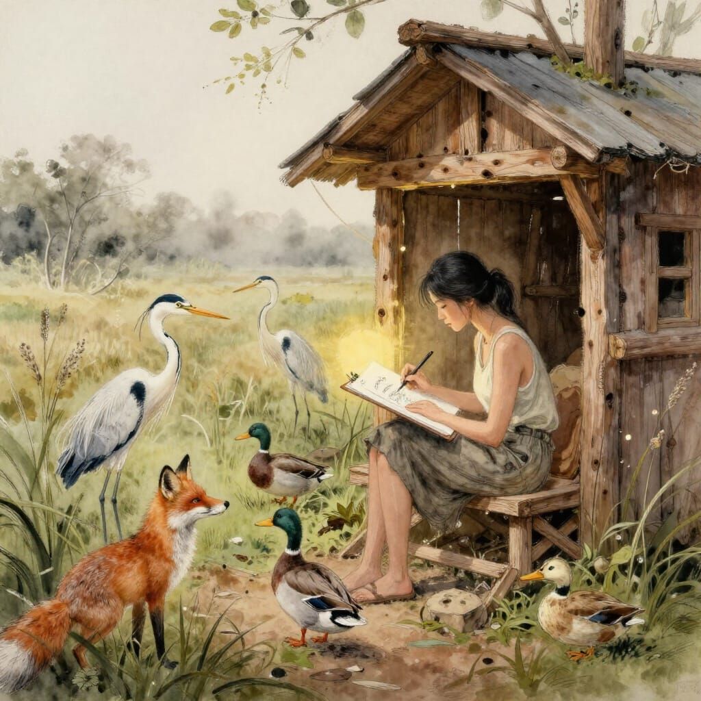 Asian Birdwatcher Sketches Wildlife in Marsh