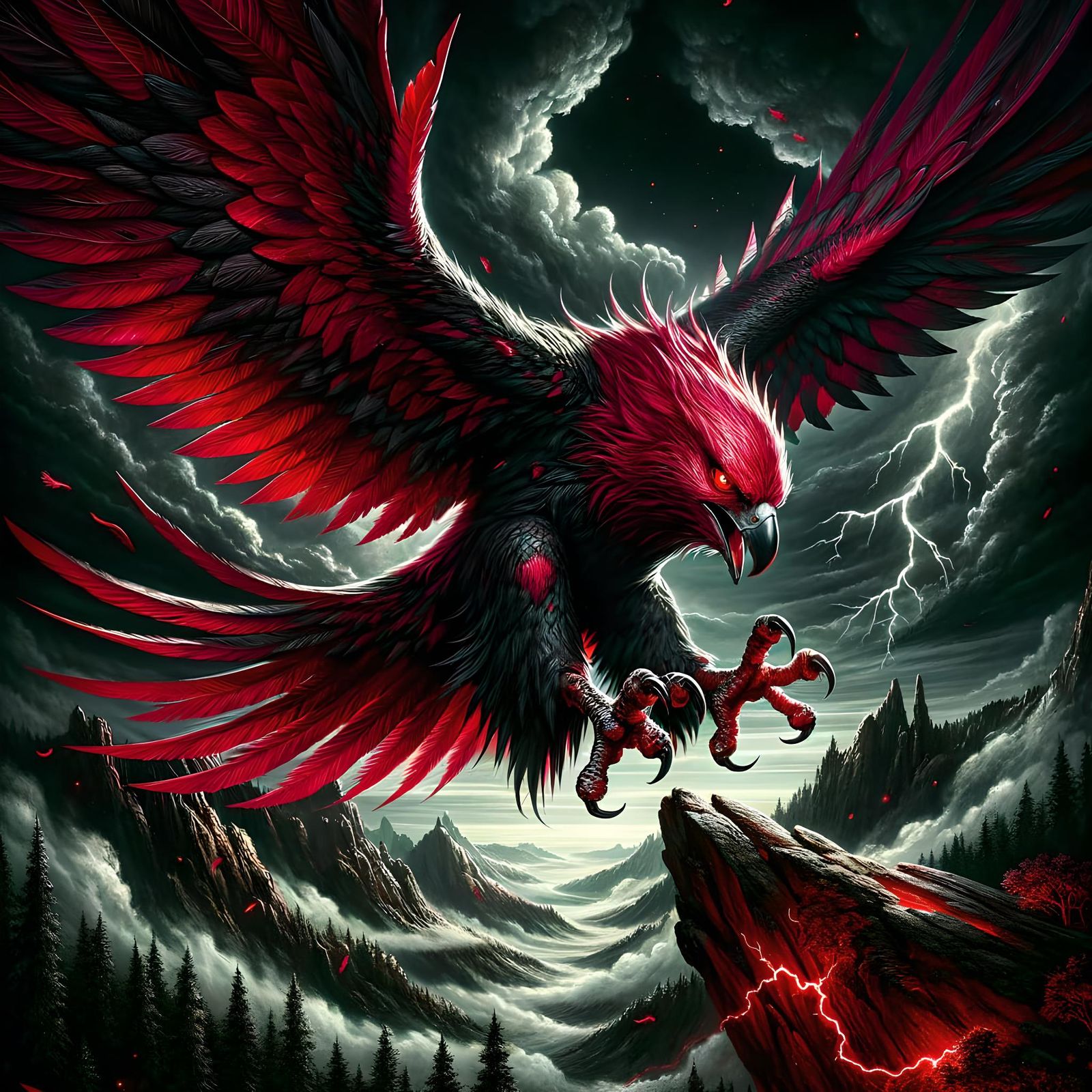 Crimson Hawk Soaring in Stormy Dark Fantasy Landscape