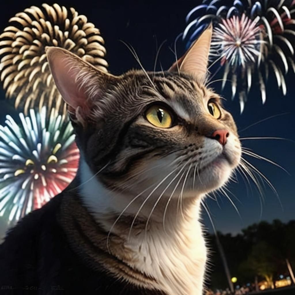 Cat's Amazement at Fireworks Display in Hyperrealism