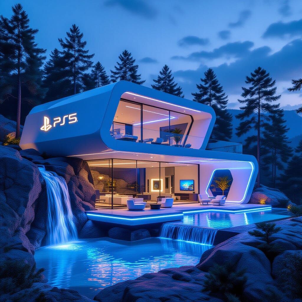 Futuristic PlayStation House on Cliff Overlooking Waterfall
