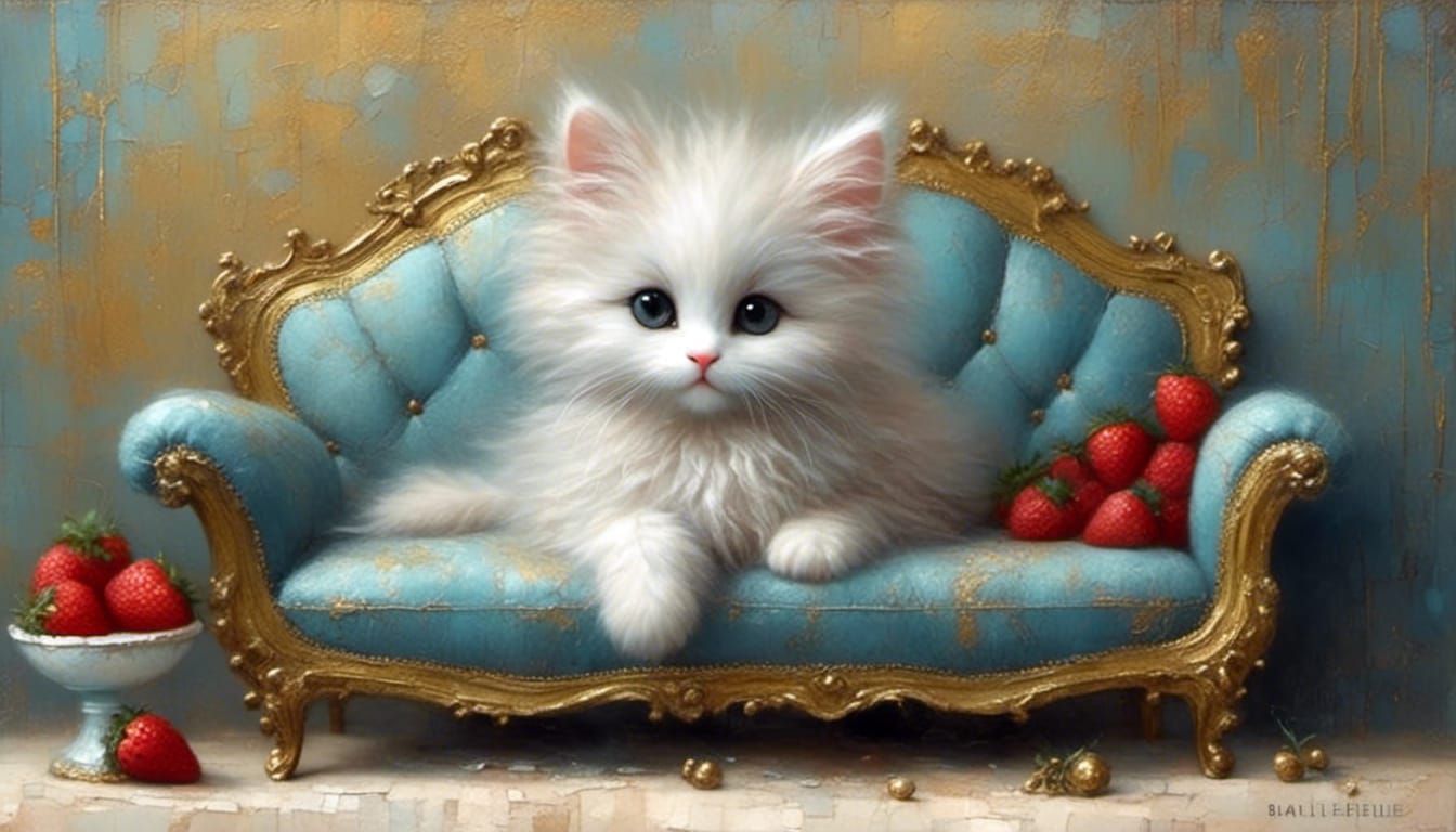 <lora:WHIMSICAL:1.0> white chibi fluffy kitten, sitting on b...