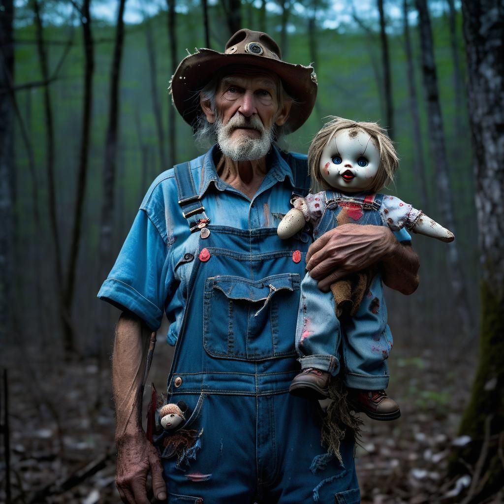 Emaciated Man with Doll in Appalachian Backwoods