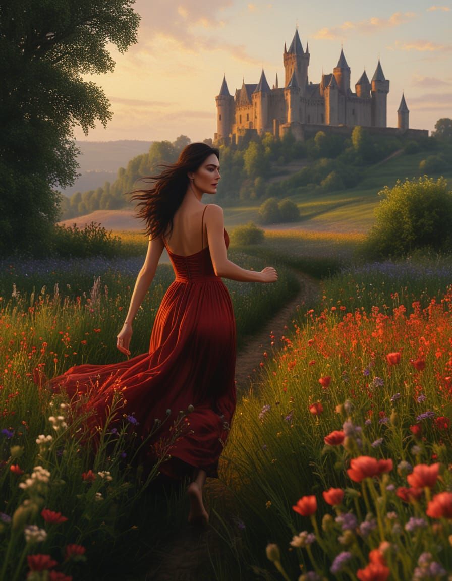Woman in Crimson Gown Runs Through Wildflowers