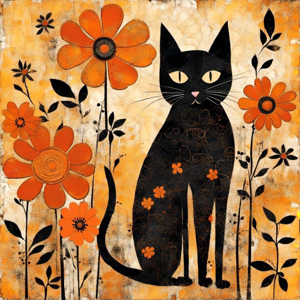 folk art illustration, whimsical black cat, minimalist silho...
