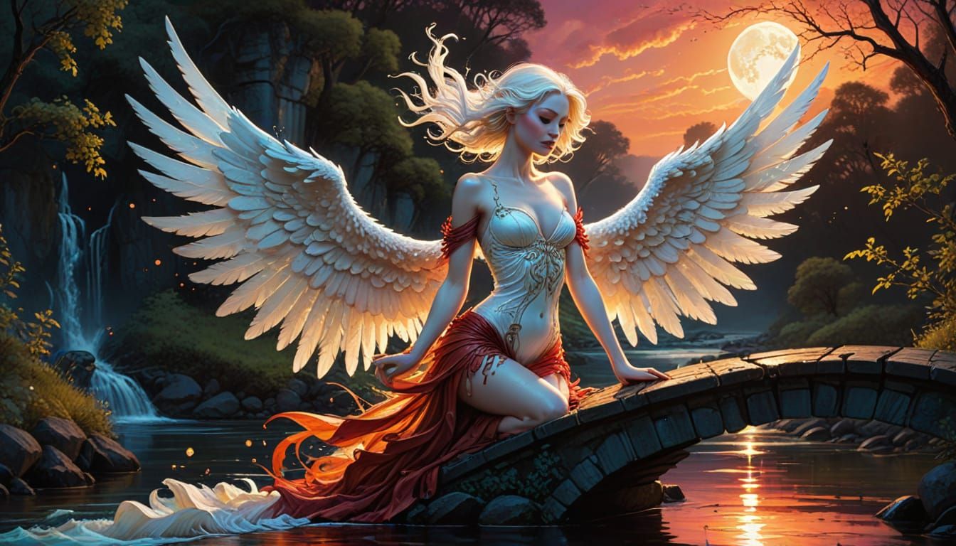 Albino Angel Over River in Alcohol Ink Style