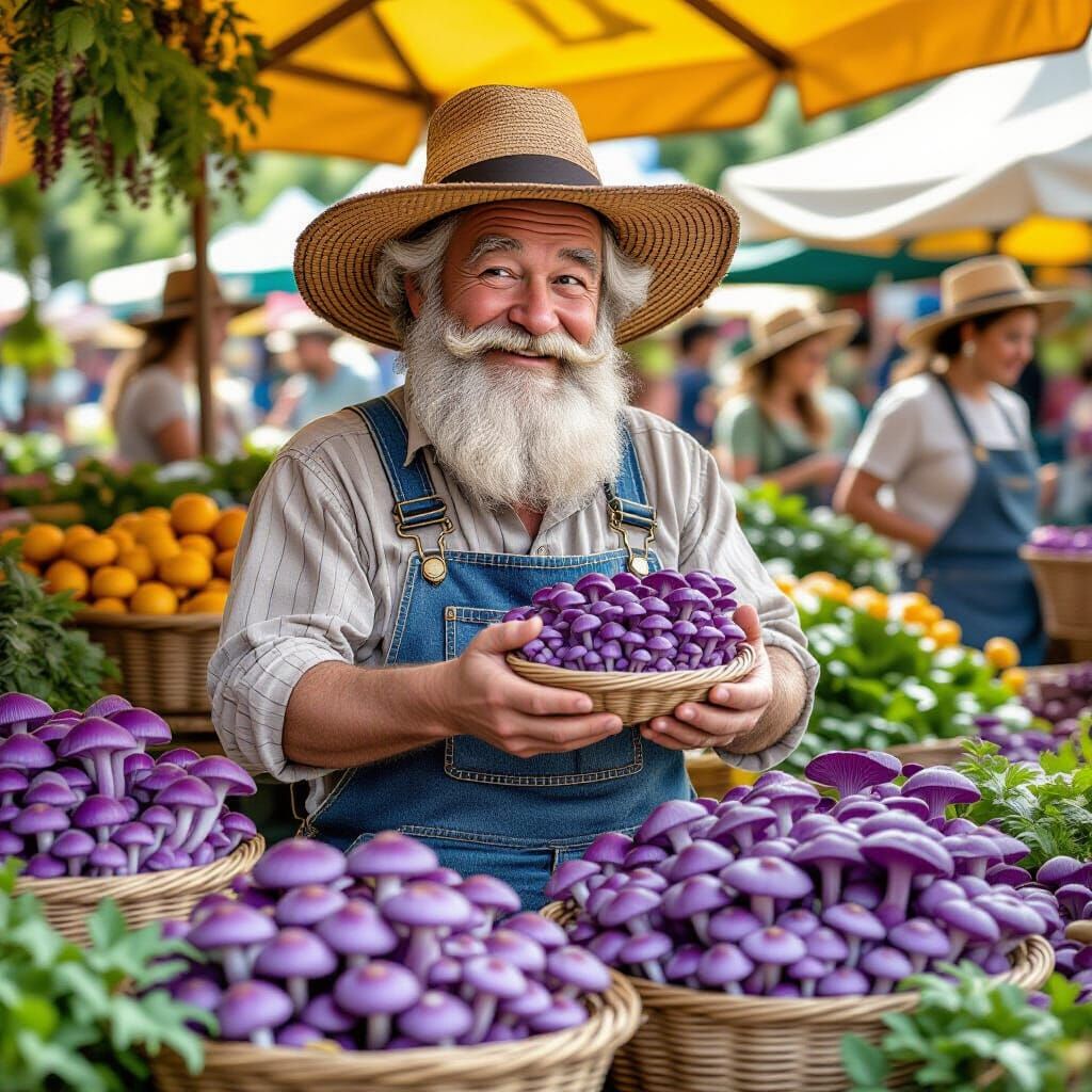 Gnome Farmer Selling Purple Mushrooms at Market