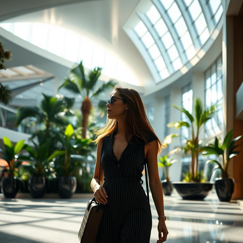 Tranquil Traveler in a Surrealist Lobby