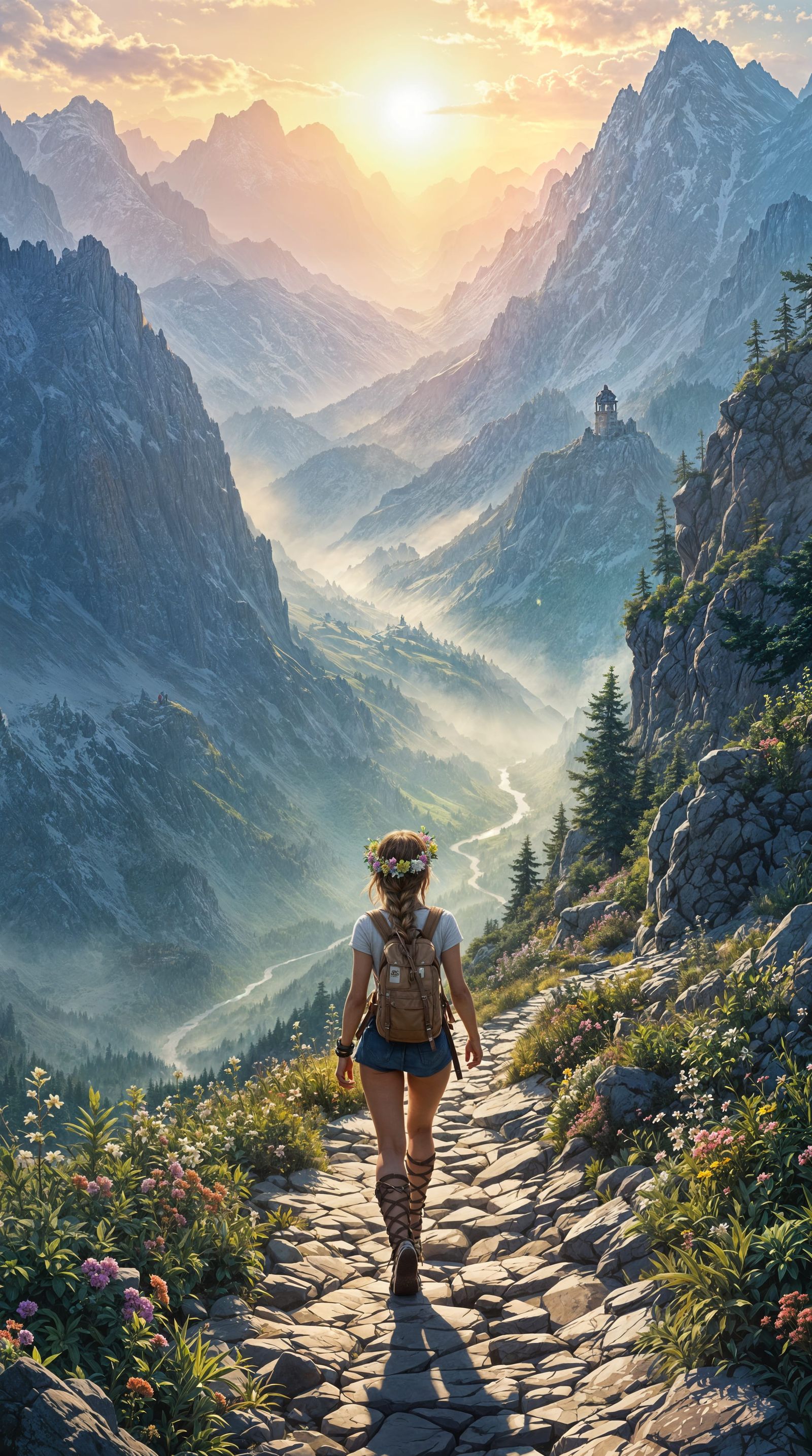 Fantasy Adventuress Ascends Morning Mountain Pass