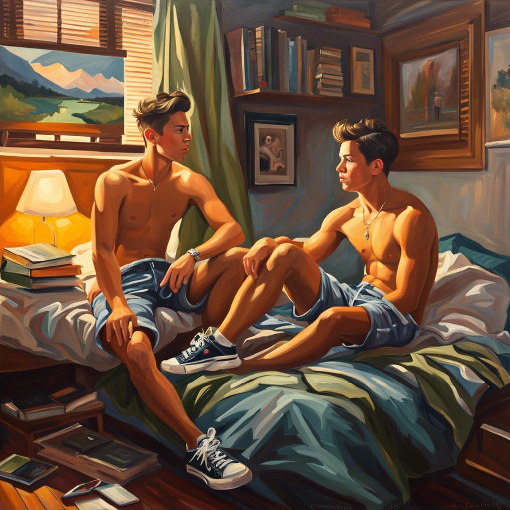 Dorm Roommates: Oil Painting of Two Young Men
