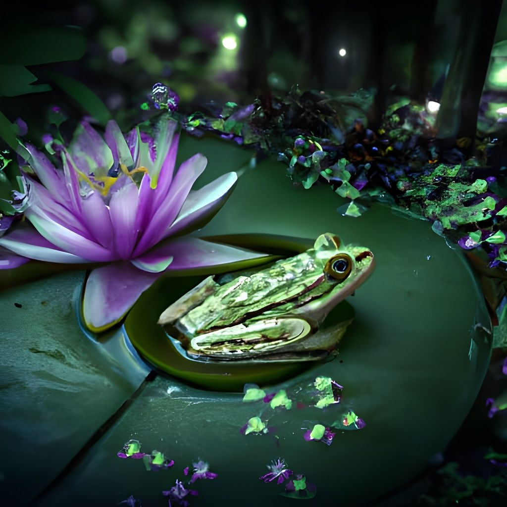 Frog Sunbathing on Lily Pad: Detailed Matte Painting