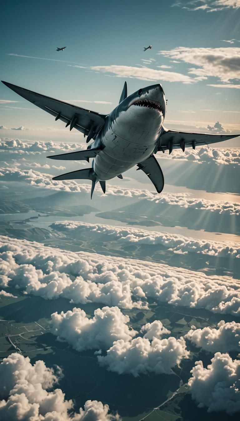 Shark with Airplane Wings Flying: Cinematic Still