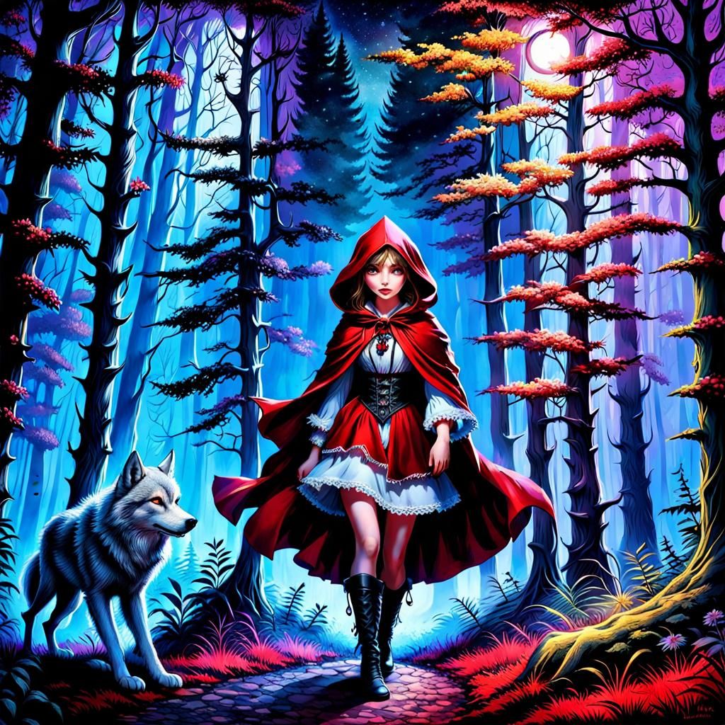 Gothic Red Riding Hood and Wolf in Forest