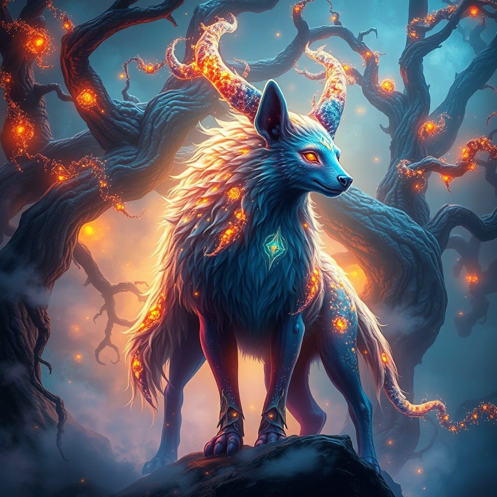 Mystical Creature in Vibrant Enchanted Forest