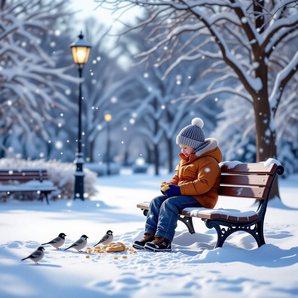 Boy Feeds Birds in Winter Park, 3D Render