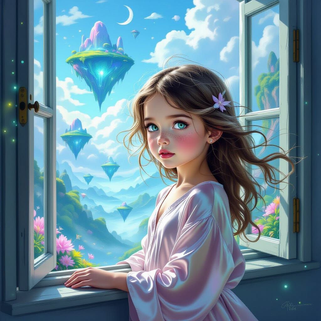 Girl Gazing at Alien Landscape in Cartoon Style