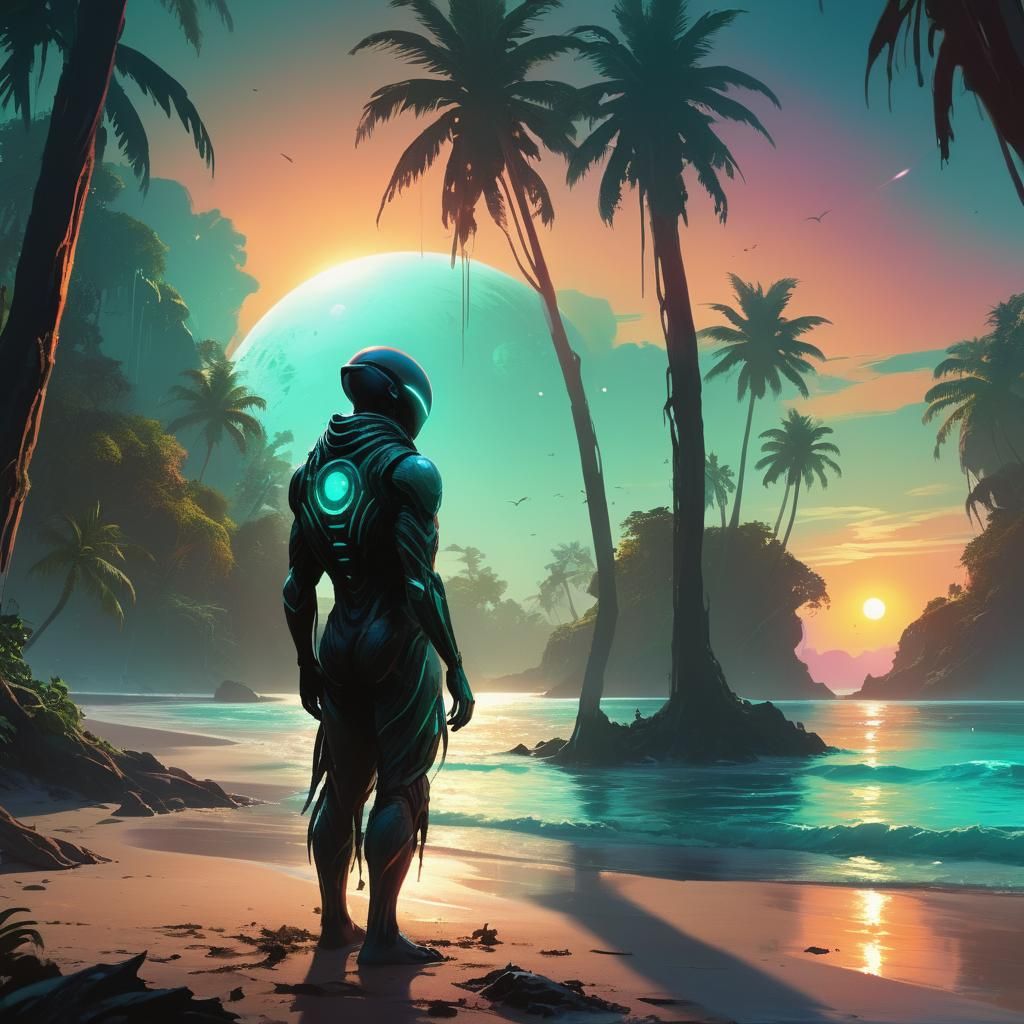 Tropical Alien Planet at Sunset: a David Levy-style Scape