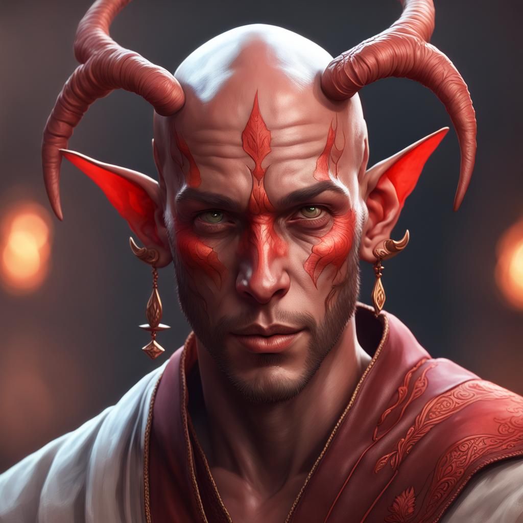 Red Tiefling Monk Portrait in Art Nouveau Style