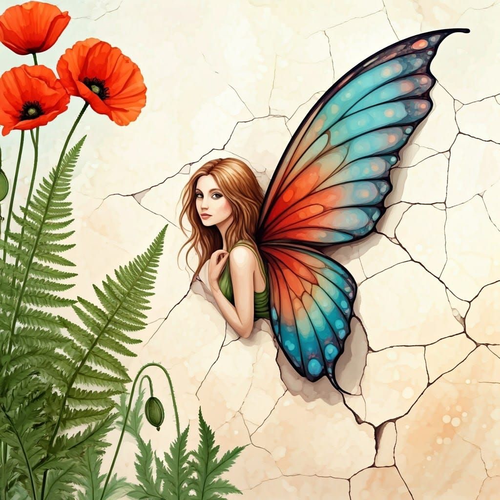 Enchanted Fairy Peeks Through Cracked Wall in Whimsical Art