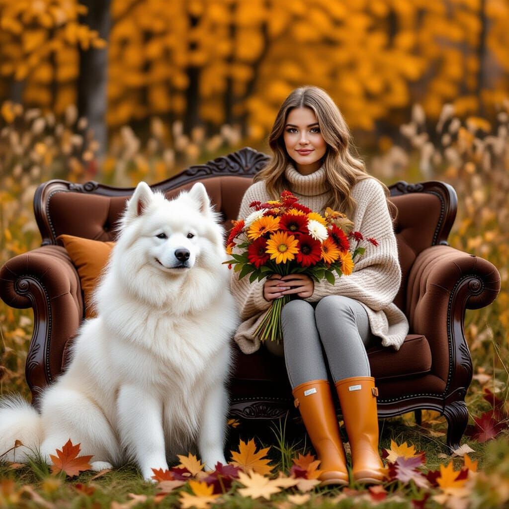 Vintage 1900s Samoyed Dog and Woman in Autumn Scene