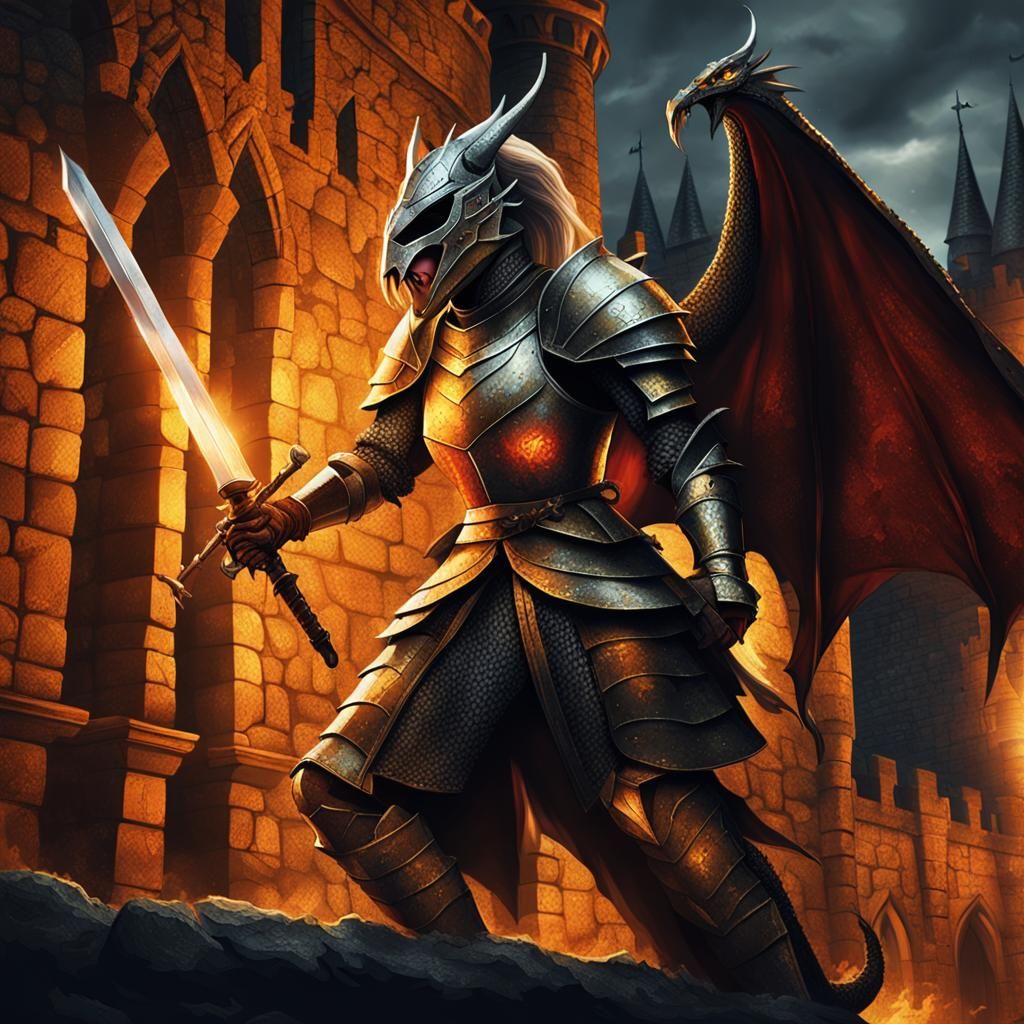 Knight on Dragon in Medieval Castle Battle