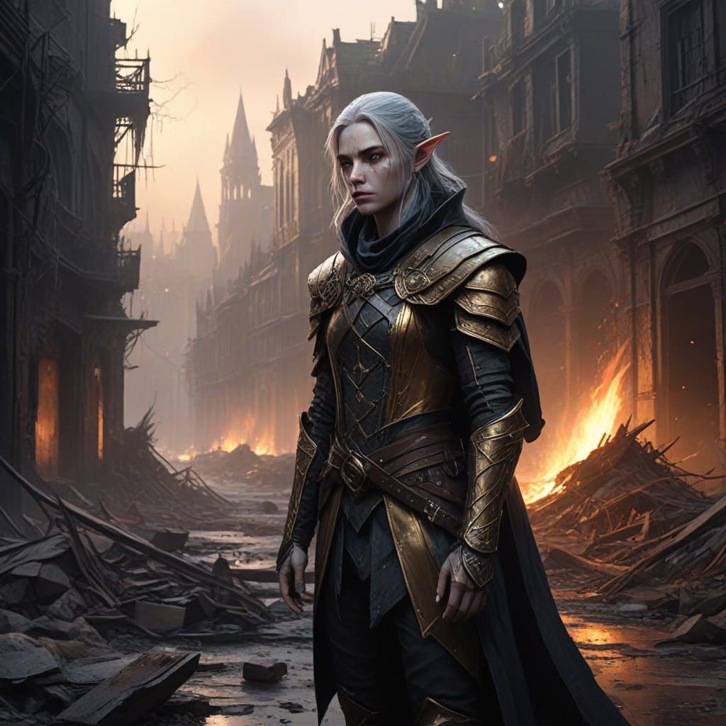 Elven Exile in Burning Wasteland: Watercolor Dark Fantasy