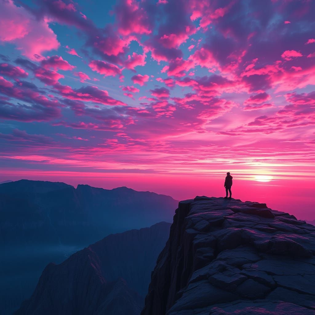 Surreal Neon Sunset on a Rugged Cliff
