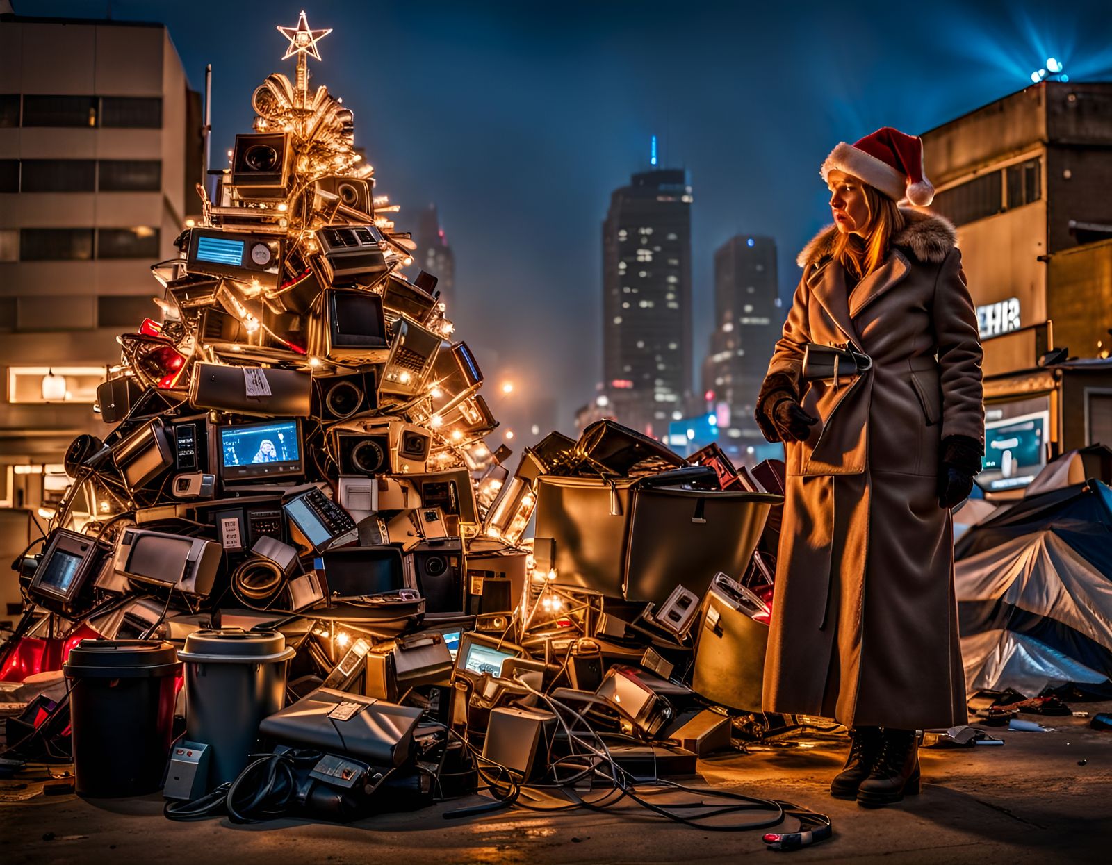 Cyberpunk Christmas Tree in Waste City Photo