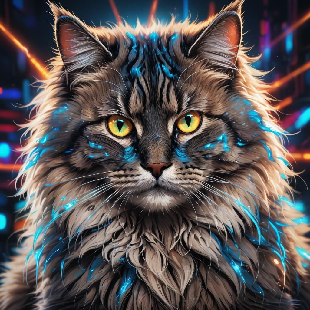 Fluffy Cat with Glowing Eyes in Sci-Fi Setting