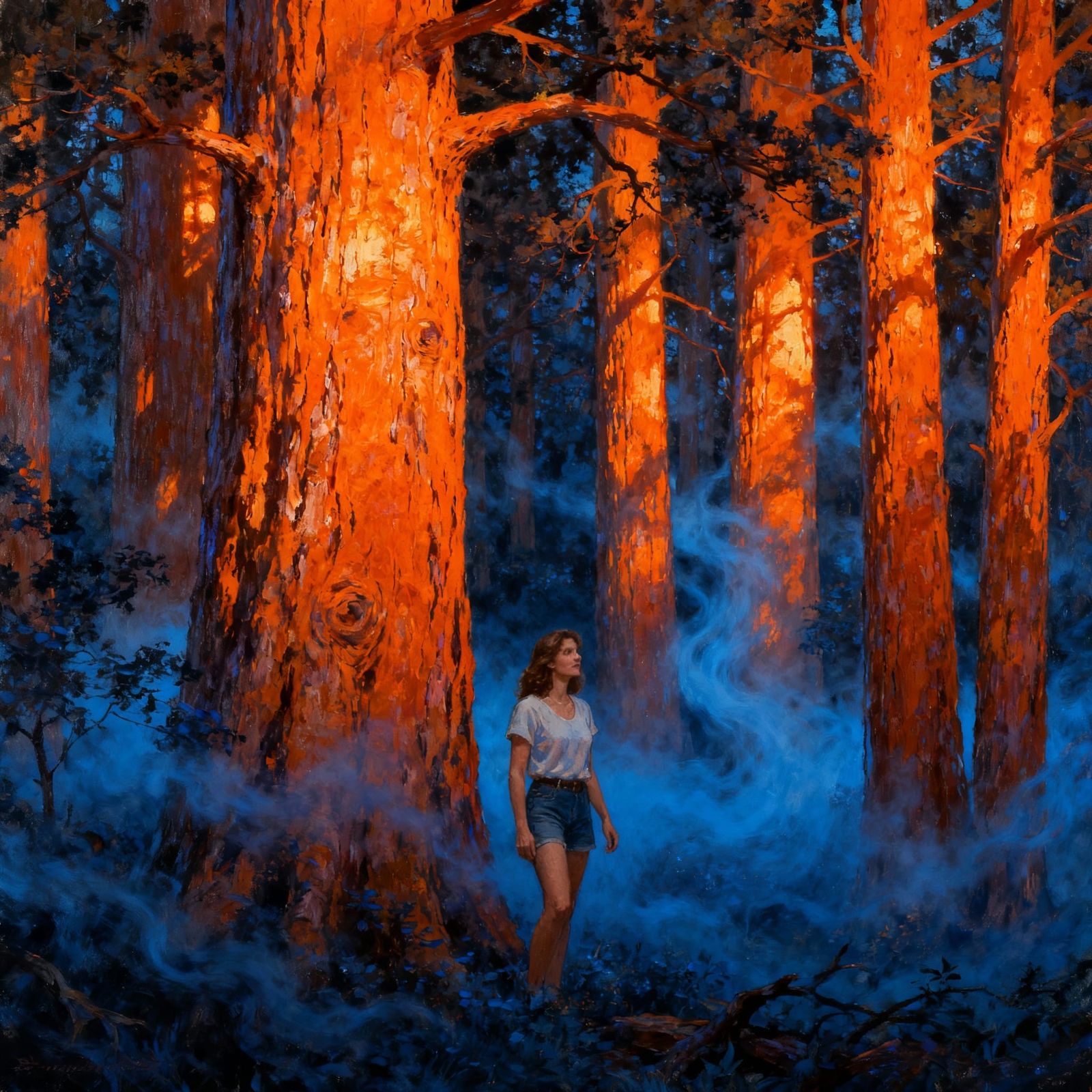 Woman in Orange Forest Under Dark Blue Sky