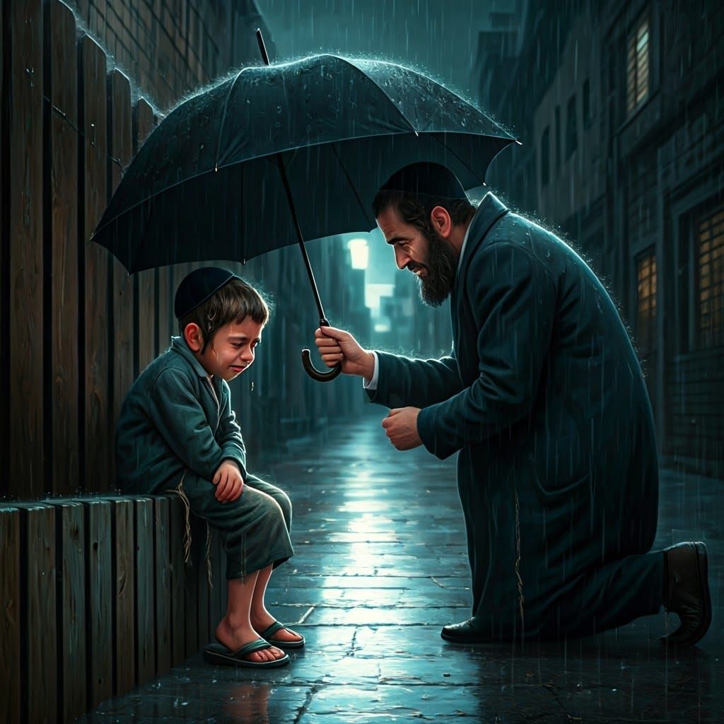 Young Haredi Boy Finds Solace in Rainy Street Scene