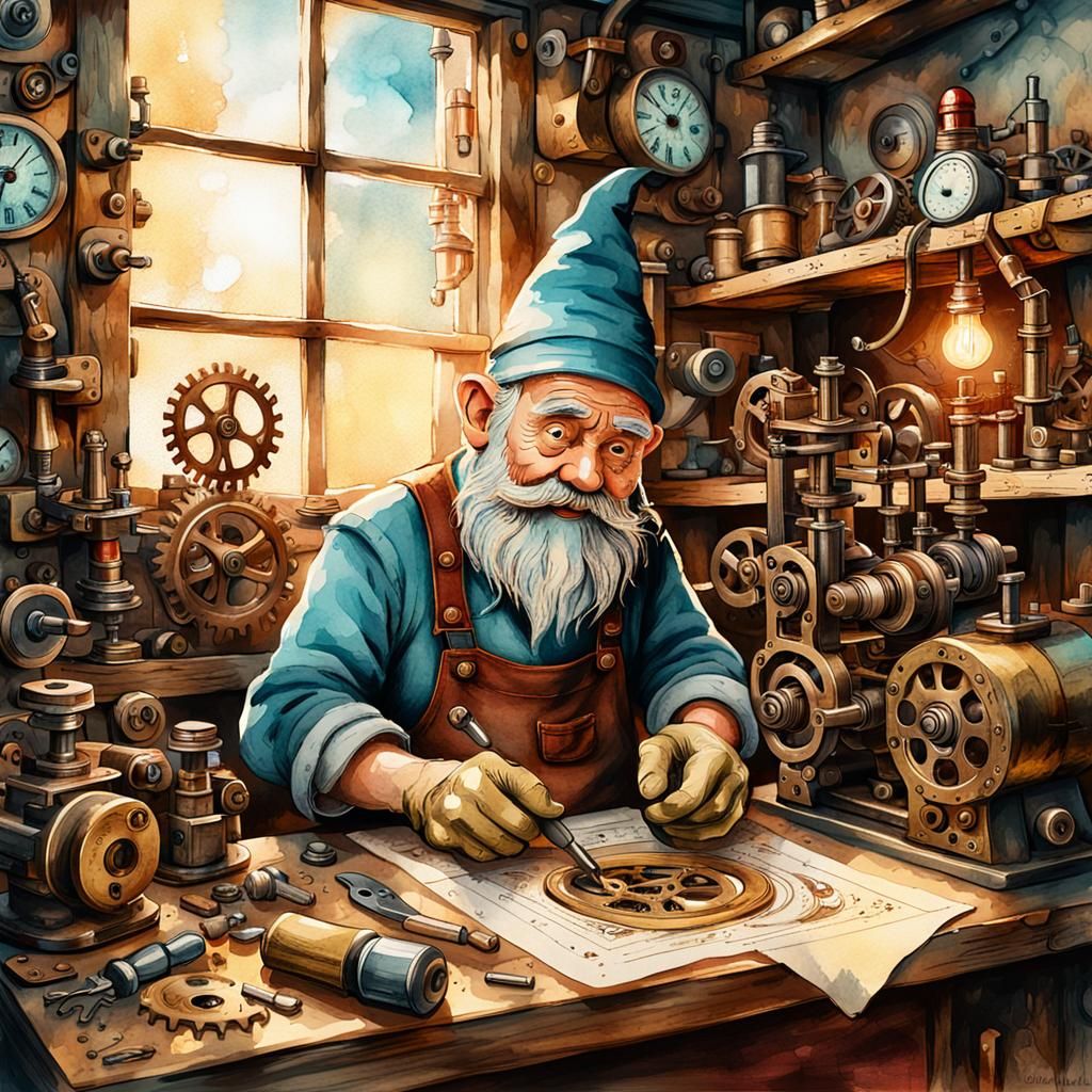 Gnome Handyman in Workshop: Fantasy Illustration