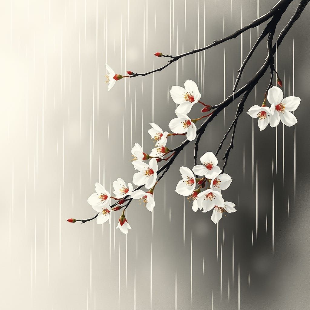 Swaying Cherry Blossom Branch in Misty Rain