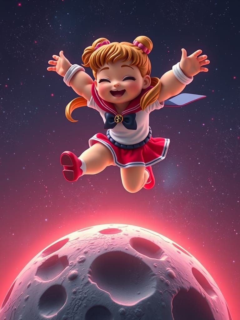 Joyful Sailor Warrior Leaps Over Moon in Digital Art