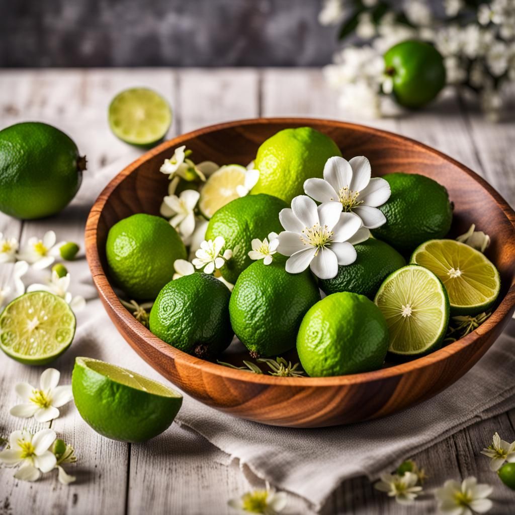 Lime Slices and White Blossoms Still Life