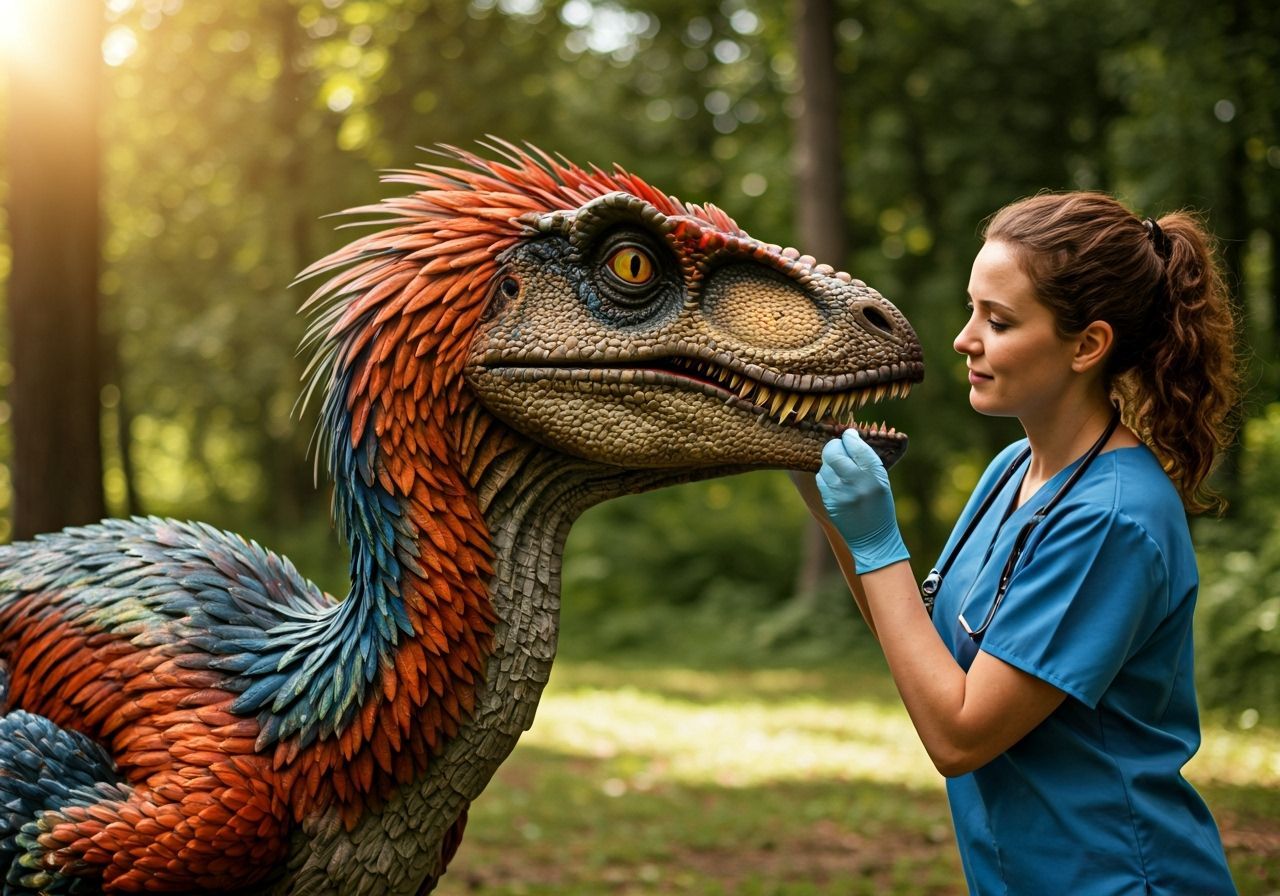 Veterinarian Cares for Utahraptor with Plumage