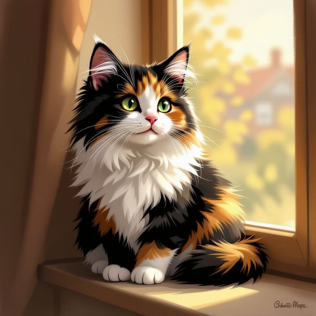 Fluffy Calico Cat on Windowsill in Storybook Style