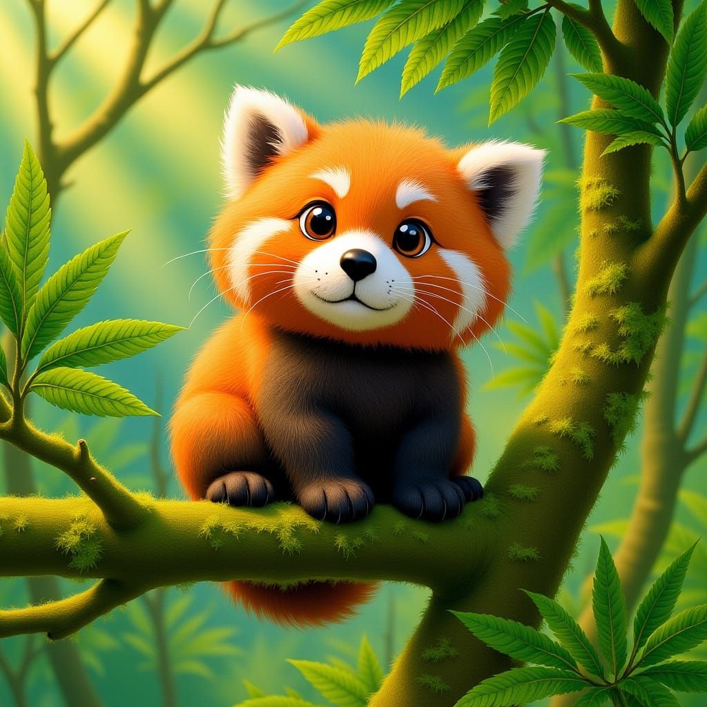 Fluffy Red Panda in Lush Forest Illustration