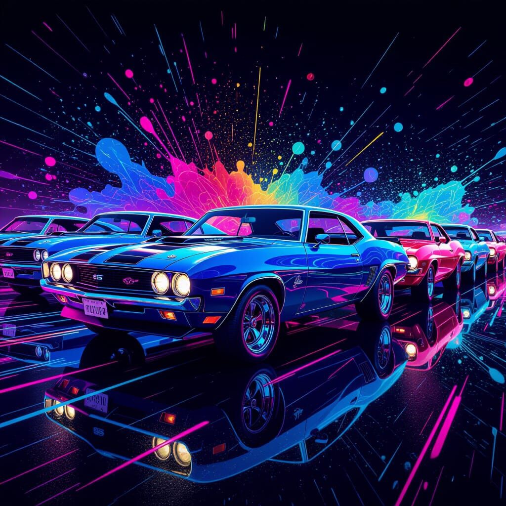 Neon Chalk Kaleidoscope of Muscle Cars