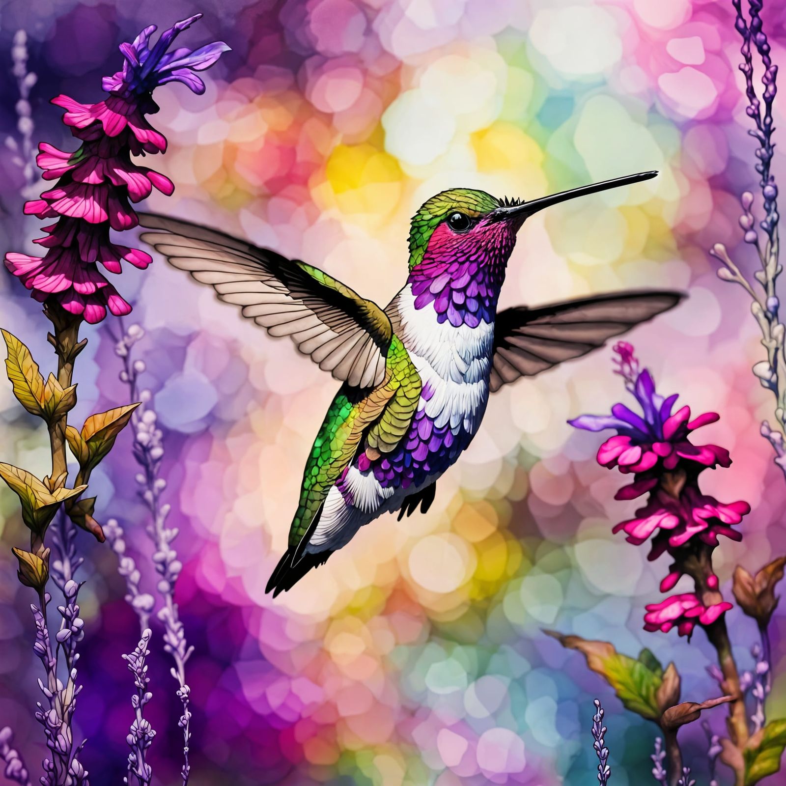 Vibrant Purple Calliope Hummingbird amidst a Whimsical Garde...