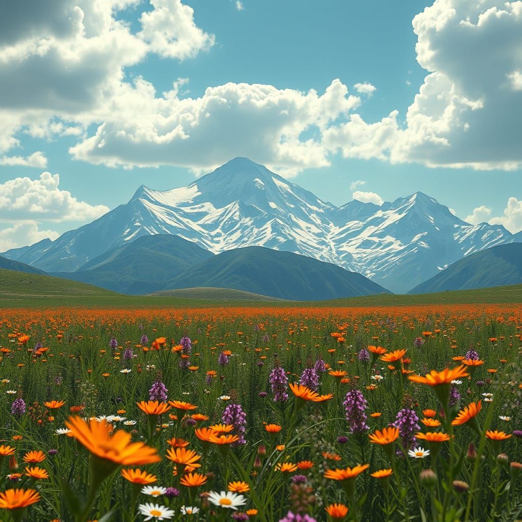 Snow-Capped Mountains Meet Vibrant Field in Cyberpunk Fantas...