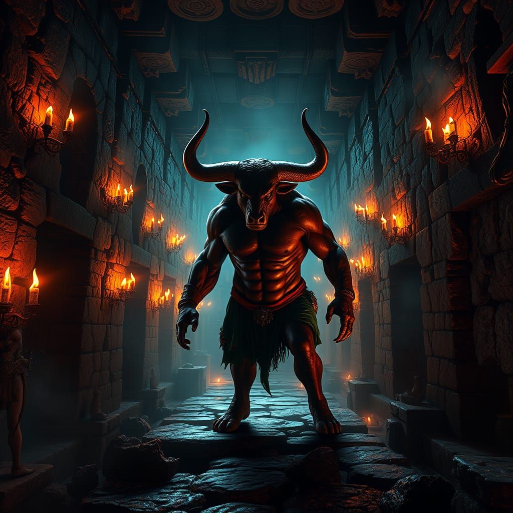 Minotaur in Ancient Labyrinthine Palace