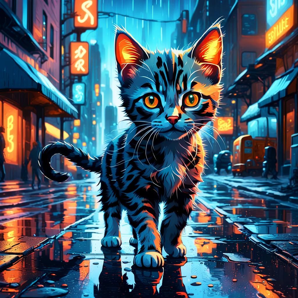 Kitten's Urban Adventure: Digital Painting in Vibrant Citysc...